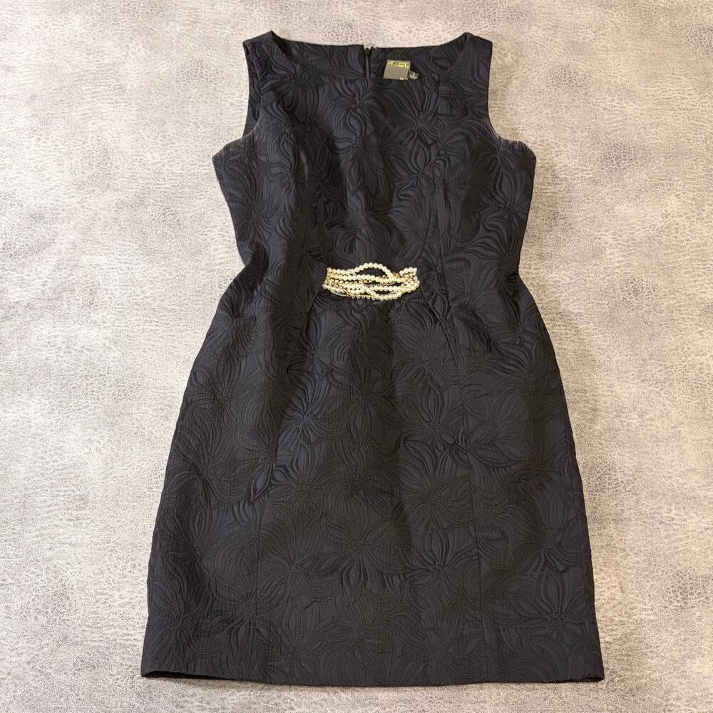 Black Embossed Floral Pearl Waist Accent Sleeveless Mini Dress